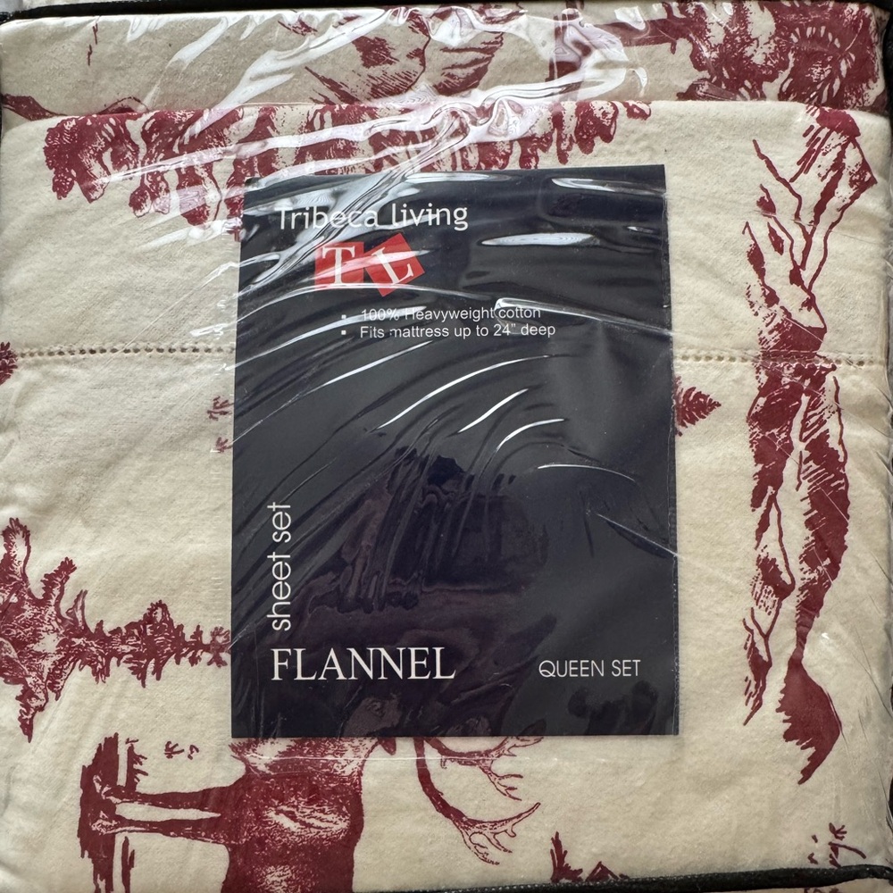 Queen Woodland Deer Print Sheet Set in Cream and Maroon, extra deep - Picture 2 of 3